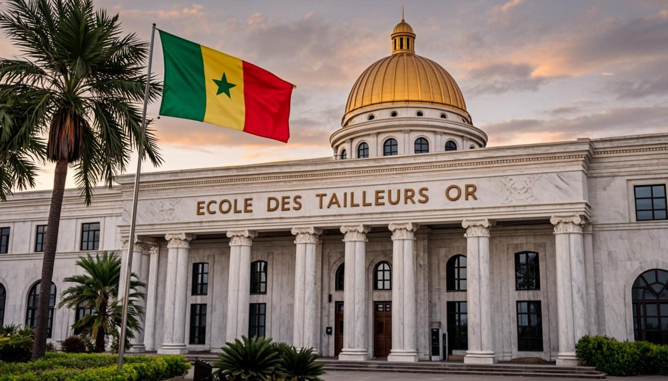 Façade de l'École des Tailleurs OR au Sénégal — enseigne dorée et drapeau national flottant au-dessus du bâtiment